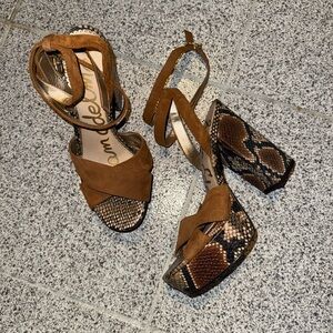 New Sam Edelman Brown Suede Snakeskin Block Heels Size 7